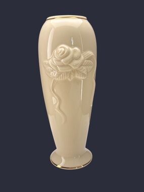 Lenox Rose Blossom Bud Vase Ivory Porcelain w Gold Rim Embossed Roses 7 1/2"